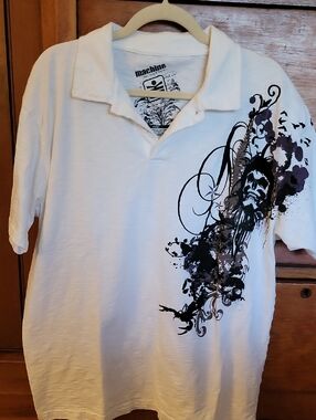 Machine Men’s White Polo with Black & Purple Skull Birds Graphic